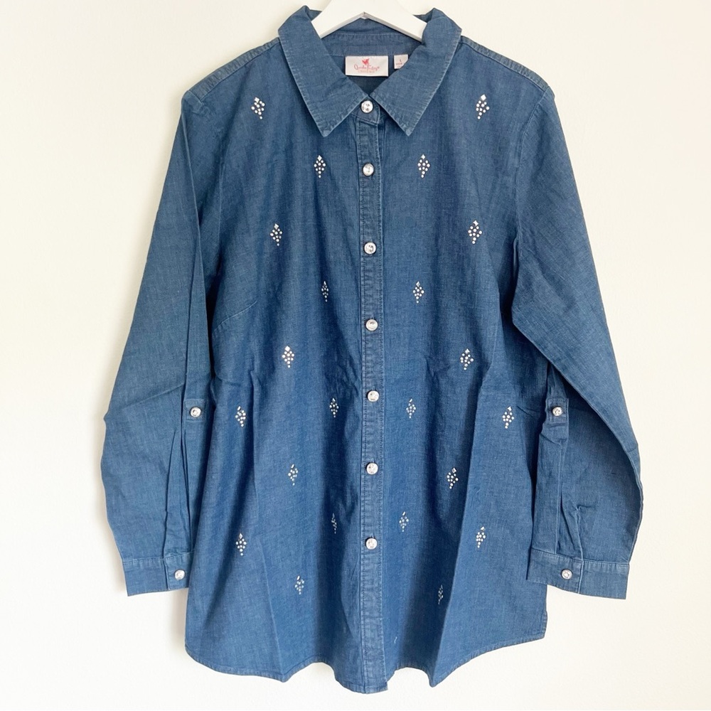 NWT Quacker Factory Blue Denim Cotton Long Sleeve Gem Embellished Blouse Large